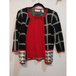 Womens Alfred Dunner Sweater Petite Small Faux 2 Piece Black White Red Geometric